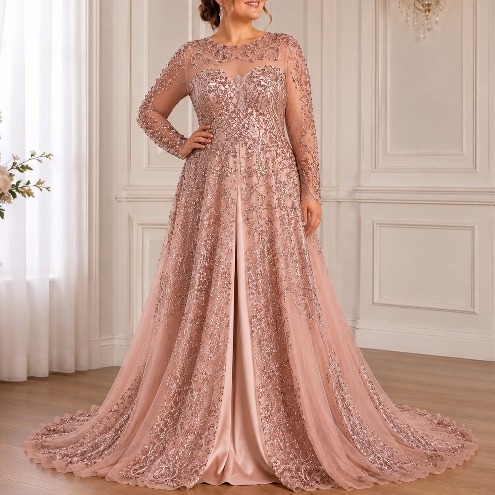 Azzure Couture Rose Gold Sequin Beaded Illusion Sleeve Formal Gown Dress 14 Prom